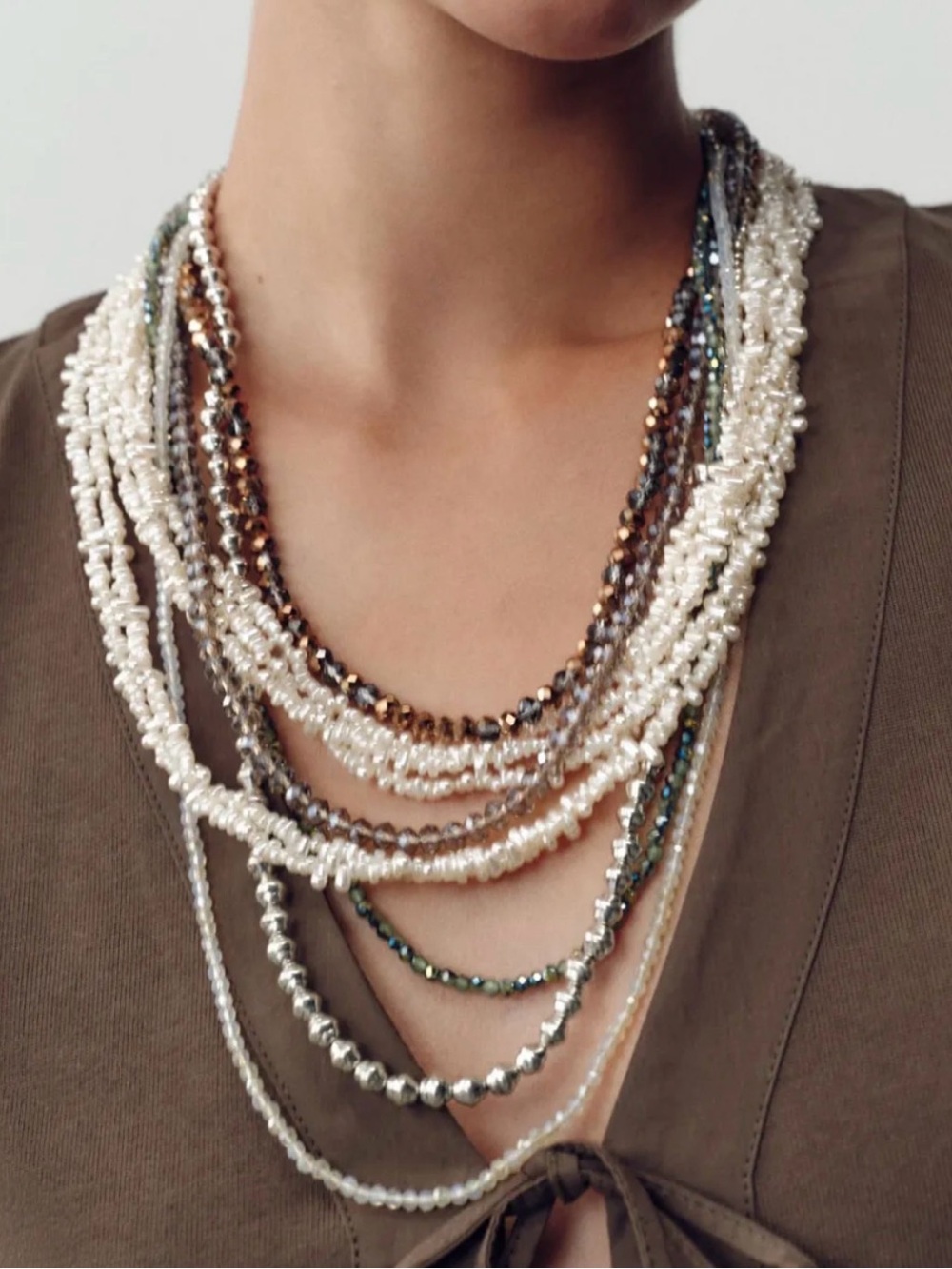 Zara Multi-Strand Pearl and Metallic Bead Necklace - White & Bronze
